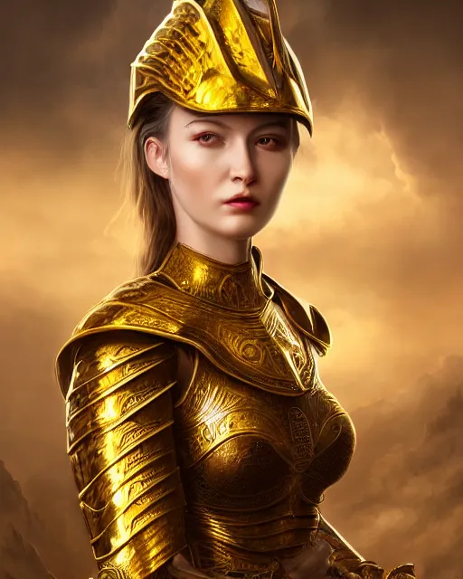 Image similar to matte painting portrait of woman in shining golden armor, high production value, intricate details, high resolution, hdr, high definition, masterpiece, realistic, ultrarealistic, highly detailed, hd, sharp focus, non blurry, sharp, smooth