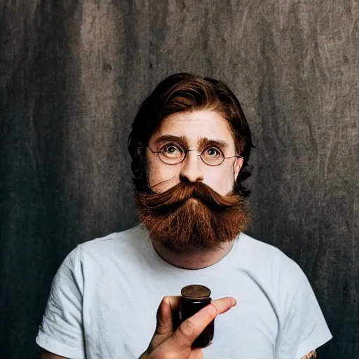 Image similar to harry potter with long beards and beautiful mustache, beard balm in his hand