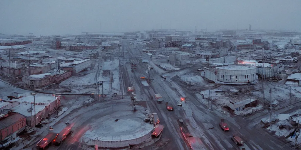 Image similar to cinematic shot of norilsk russian orbit city cityscape, telephoto, iconic scene from the paranoid thriller sci fi film directed by stanley kubrick, anamorphic cinematography, beautiful composition, color theory, leading lines, photorealistic, moody volumetric lighting