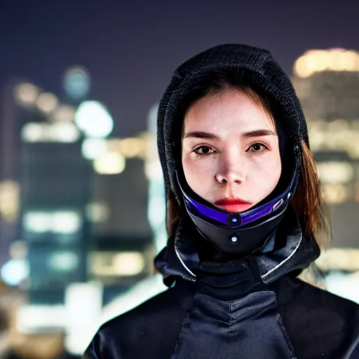 Image similar to photographic portrait of a techwear woman, closeup, on the rooftop of a futuristic city at night, sigma 8 5 mm f / 1. 4, 4 k, depth of field, high resolution, 4 k, 8 k, hd, full color