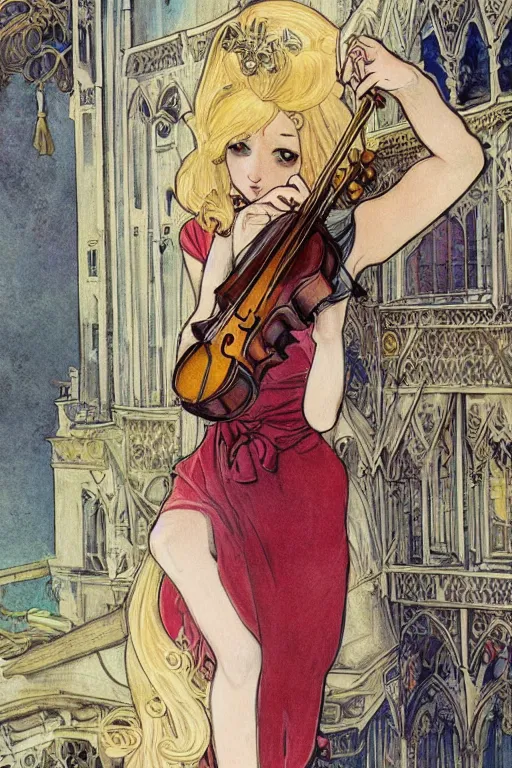 Image similar to beautiful blonde girl, expressively playing the violin, in a venetian outfit, illustration, manga, on the roof of a burning building, highly detailed, artstation, illustration, jurgens, alfonse mucha, vatican style, canon eos r 3