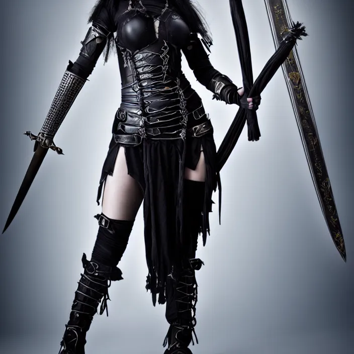 Prompt: professional full length photograph of a beautiful female goth warrior. Extremely detailed. 8k