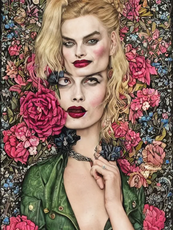 Image similar to a punk portrait of margot robbie harley quinn between embellished pattern and huge flower bushes,by tom bagshaw,marie spartali Stillman,Ekaterina Belinskaya,William Morris,Oleg Turchin,trending on pinterest,dark fantasy,maximalist,glittering,feminine