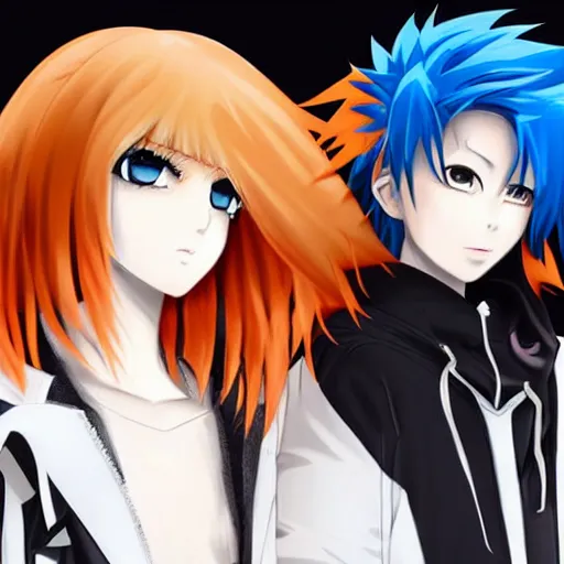 Image similar to orange - haired anime boy, 1 7 - year - old anime boy with wild spiky hair, standing next to 1 7 - year - old pale - skinned persian girl with black hair long bob cut, long bangs, black gothic jacket, ultra - realistic, sharp details, subsurface scattering, blue sunshine, intricate details, hd anime, 2 0 1 9 anime