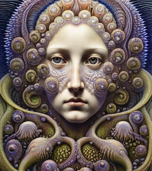 Prompt: detailed realistic beautiful tidepool goddess face portrait by jean delville, gustave dore, iris van herpen and marco mazzoni, art forms of nature by ernst haeckel, art nouveau, symbolist, visionary, gothic, neo - gothic, pre - raphaelite, fractal lace, intricate alien botanicals, ai biodiversity, surreality, hyperdetailed ultrasharp octane render