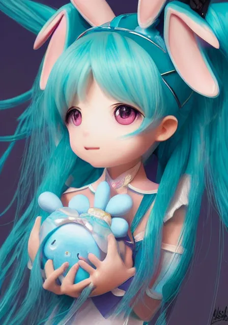 Prompt: hatsune miku with blue bunny hair, holding cinnamoroll from sanrio, intricate, elegant, highly detailed, digital painting, artstation, concept art, smooth, sharp focus, illustration, art by artgerm and greg rutkowski and alphonse mucha and william - adolphe bouguereau