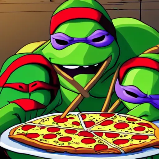 Prompt: teenage mutant ninja turtles having a pizza party, 8 k