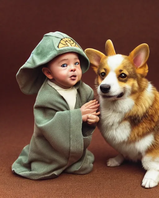 Image similar to baby yoda and his best friend corgi kenobi, a corgi dog dressed as obi wan kenobi in jedi robes, photographed in the style of gilbert taylor, star wars, tatooine