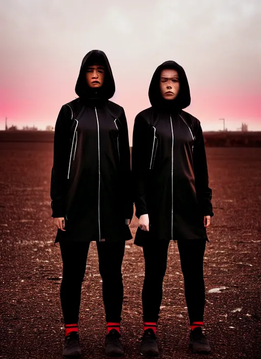 Image similar to cinestill 5 0 d photograph of 2 women wearing black techwear in front of a brutalist sharp - edged metal building, closeup, on a desolate plain with a red sky, dystopia, cyberpunk, 4 k, 8 k, depth of field, high resolution, realistic faces, hd, raw