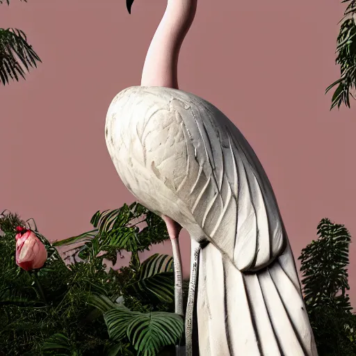 Image similar to a marble statue of a flamingo painted in a rose pink shade, close-ups, varying angles, warm lighting,