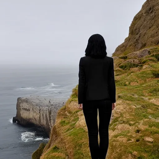 Prompt: 1 7 - year - old pale - skinned persian girl with black long bob cut, long bangs, black gothic jacket, black jeans, psychic girl, standing on cliff along the irish coast, overcast gray skies, ultra - realistic, sharp details,, intricate details, art by william - adolphe bouguereau