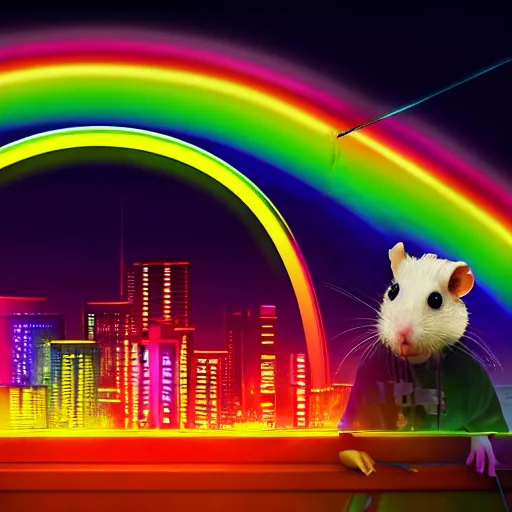 Image similar to hamster in a rainbow cyberpunk city with bright neon lights, 8 k, hd, light reflection