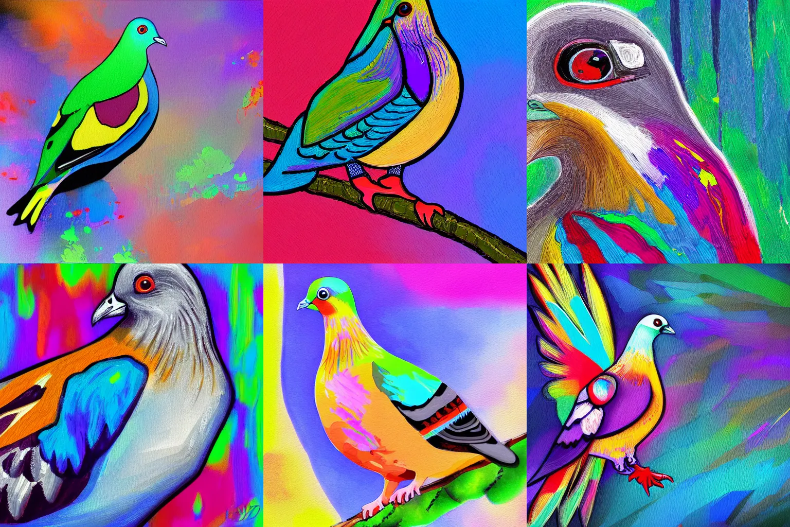 Prompt: High-Quality painting of a pigeon, colorful, very detailed, peaceful, digital art.