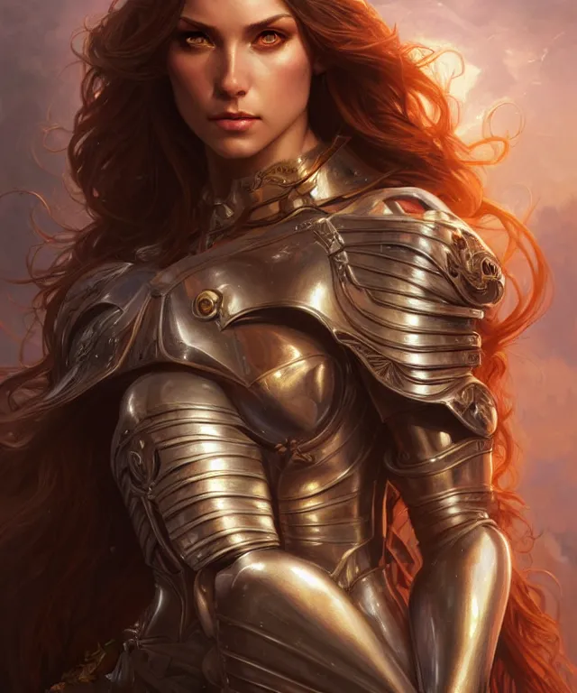 Image similar to Muscular and powerful medieval knight woman portrait, sci-fi, amber eyes, face, long hair, fantasy, intricate, elegant, highly detailed, digital painting, artstation, concept art, smooth, sharp focus, illustration, art by artgerm and greg rutkowski and alphonse mucha