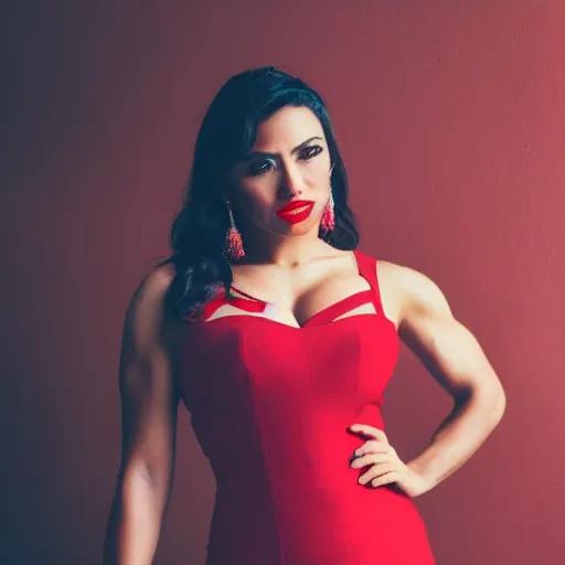 Image similar to “beautiful Latina woman, unusually muscular, red lipstick, red dress, 50mm, bokeh, studio lighting, professional photography,”