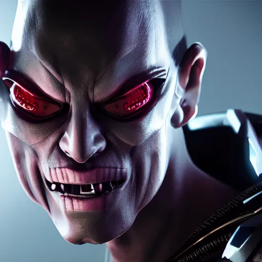 Image similar to evil cyberpunk dark lord, highly detailed, photorealistic portrait, bright studio setting, studio lighting, crisp quality and light reflections, unreal engine 5 quality render