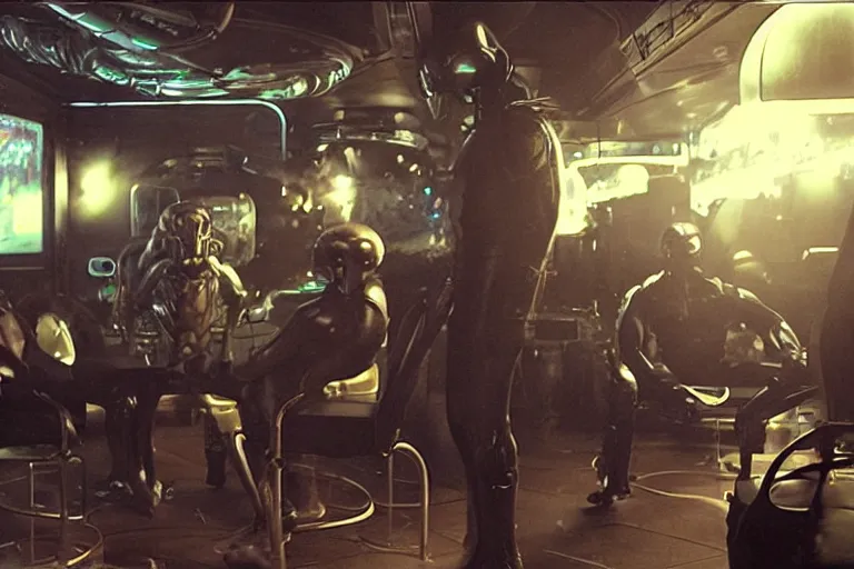 Image similar to sci-fi movie cinematography of space soldiers sitting in an alien bar. By Emmanuel Lubezki