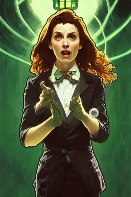 Image similar to doctor who, woman, as a mad dentist, on a plain green background, art by artgerm and greg rutkowski and alphonse mucha