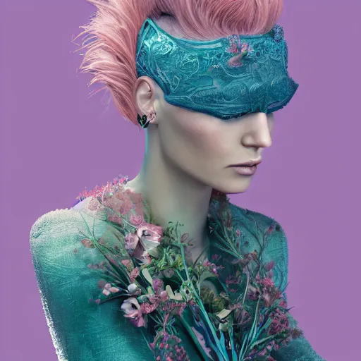 Image similar to beautiful young female florist concept art, pink hair, clear blue eyes, ornate, dynamic, particulate, rich colors, intricate, elegant, highly detailed, vogue, harper's bazaar art, fashion magazine, smooth, sharp focus, 8 k, octane render