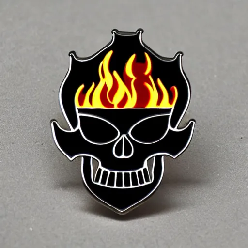 Prompt: a highly detailed retro minimalistic menacing clean pirate skull with fire flame enamel pin, hd