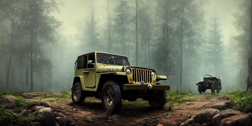 Image similar to willys jeep, in kerala forest road in 1921, chasing action scene, an epic fantasy, dramatic lighting, cinematic, establishing shot, extremely high detail, photorealistic, cinematic lighting, matte painting, artstation, by simon stalenhag, shadow of the tomb rider