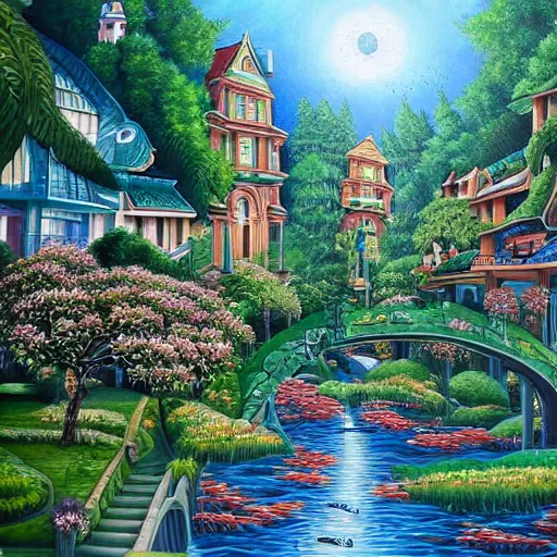 Image similar to Beautiful city of the future in harmony with nature. Beautiful detailed painting by Lurid. (2022)