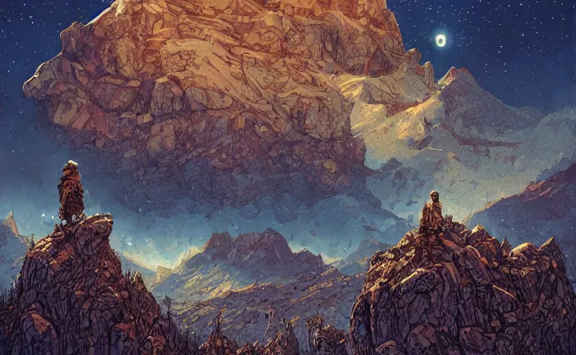 Prompt: mountains, stars and paisley filled sky, artstation, intricate, highly detailed, digital painting, concept art, sharp focus, illustration by Enki Bilal and Benjamin Lacombe