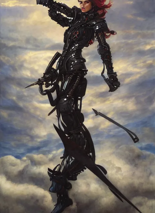 Image similar to dynamic over the shoulder pose! symmetry! closeup portrait of a biblical diabolical pirate hunter girl, stylish cyborg armor, in clouds, strong studio lights, thunder, rain! storm, sunset, by gerald brom, by mikhail vrubel, by peter elson, high contrast, muted colors, extreme detail, mirrors, trending on artstation, 8 k