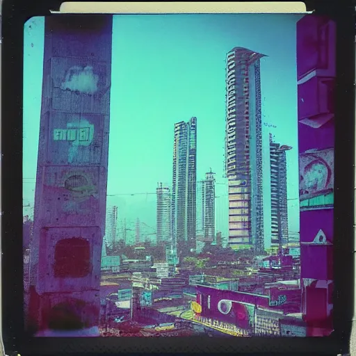 Image similar to a polaroid photo of cyberpunk guatemala city with cyberpunk aesthetic