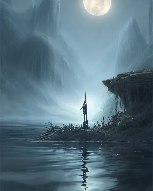 Prompt: legendary excalibur rising from the middle of a lake under a giant full moon, rippling reflections, no people, art by Raymond Swaziland and Greg Rutkowski, D&D, fantasy, intricate, elegant, highly detailed, digital painting, artstation, concept art, matte, sharp focus, illustration, masterpiece, stunning, artstation