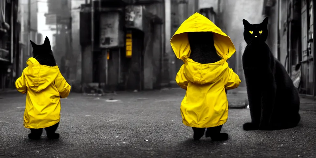 Image similar to a big black cat standing on the back paws and wearing yellow raincoat, cat is standing in the dark corner of a small badly lit street of a cyberpunk city