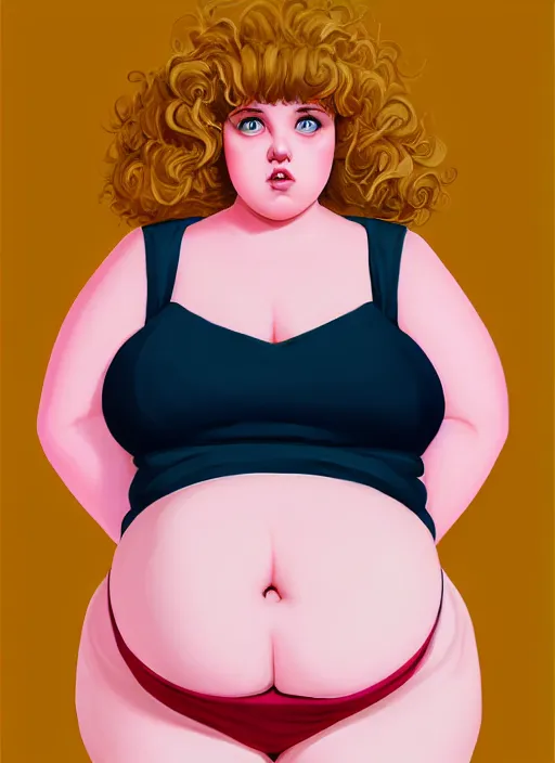 Image similar to full body portrait, teenage betty cooper, blonde hair, obese, bangs, ponytail, sultry, realistic, sultry smirk, fluffy bangs, curly bangs, fat, belly, beautiful girl, intricate, elegant, highly detailed, digital painting, artstation, concept art, smooth, sharp focus, illustration, art by wlop, mars ravelo and greg rutkowski