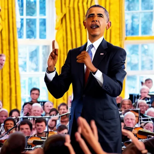 Image similar to Barack Obama conducting a symphony, 4K resolution