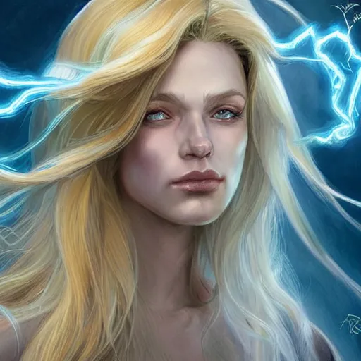 Image similar to a human wizard casting a spell, female, blonde and auburn two toned hair, crackling blue lightning, fantasy, d & d, intricate, elegant, highly detailed, digital painting, artstation, concept art, matte, sharp focus, illustration, in the style of magic the gathering, art by artgerm and greg rutkowski and alphonse mucha