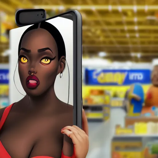 Image similar to stunning, coherent, beautiful painting, still of a beautiful black bbw woman in wal-mart taking a selfie of a creepy man is following her, 3d, in the style of pixar, comic book style, 3d, highly detailed, highly detailed, sharp focus, bokeh, depth of field, 16k resolution, Unreal Engine 5, coherent, cinematic lighting, photorealistic, by Zhang Jingna