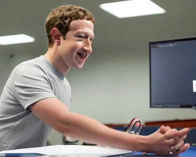 Image similar to mark zuckerberg plays termiantor, scene where his endoskelet gets exposet,