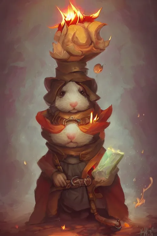 Image similar to cute little anthropomorphic Guinea Pig Mage using fire magic, tiny, small, short, Wizard robe, cute and adorable, pretty, beautiful, DnD character art portrait, matte fantasy painting, DeviantArt Artstation, by Jason Felix by Steve Argyle by Tyler Jacobson by Peter Mohrbacher, cinematic lighting