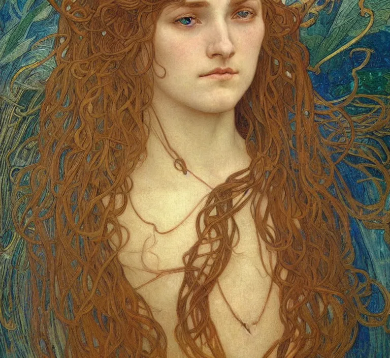 Image similar to detailed realistic beautiful young medieval queen face portrait by jean delville, alphonse mucha, vincent van gogh, and marco mazzoni, art nouveau, symbolist, visionary, gothic, pre - raphaelite