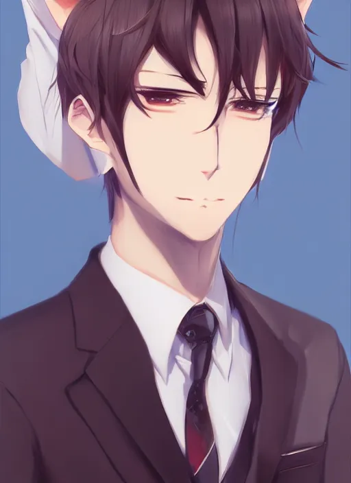 Prompt: A realistic anime portrait of a handsome young man with cat ears wearing a suit, by WLOP and Rossdraws, digtial painting, trending on ArtStation, deviantart