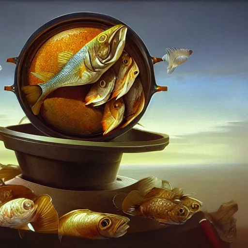 Image similar to a fish on the top of a pile of fish, inside a cooking pot, side view, by vladimir kush, dystopian aer, rococo