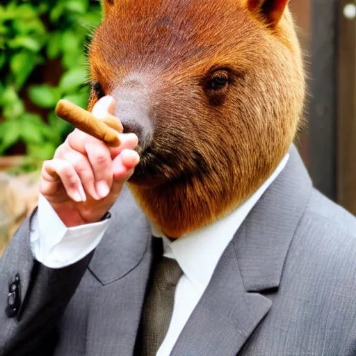 Image similar to smoking cigar, a man wearing a suit capybara head wearing a hat (smoking cigar)