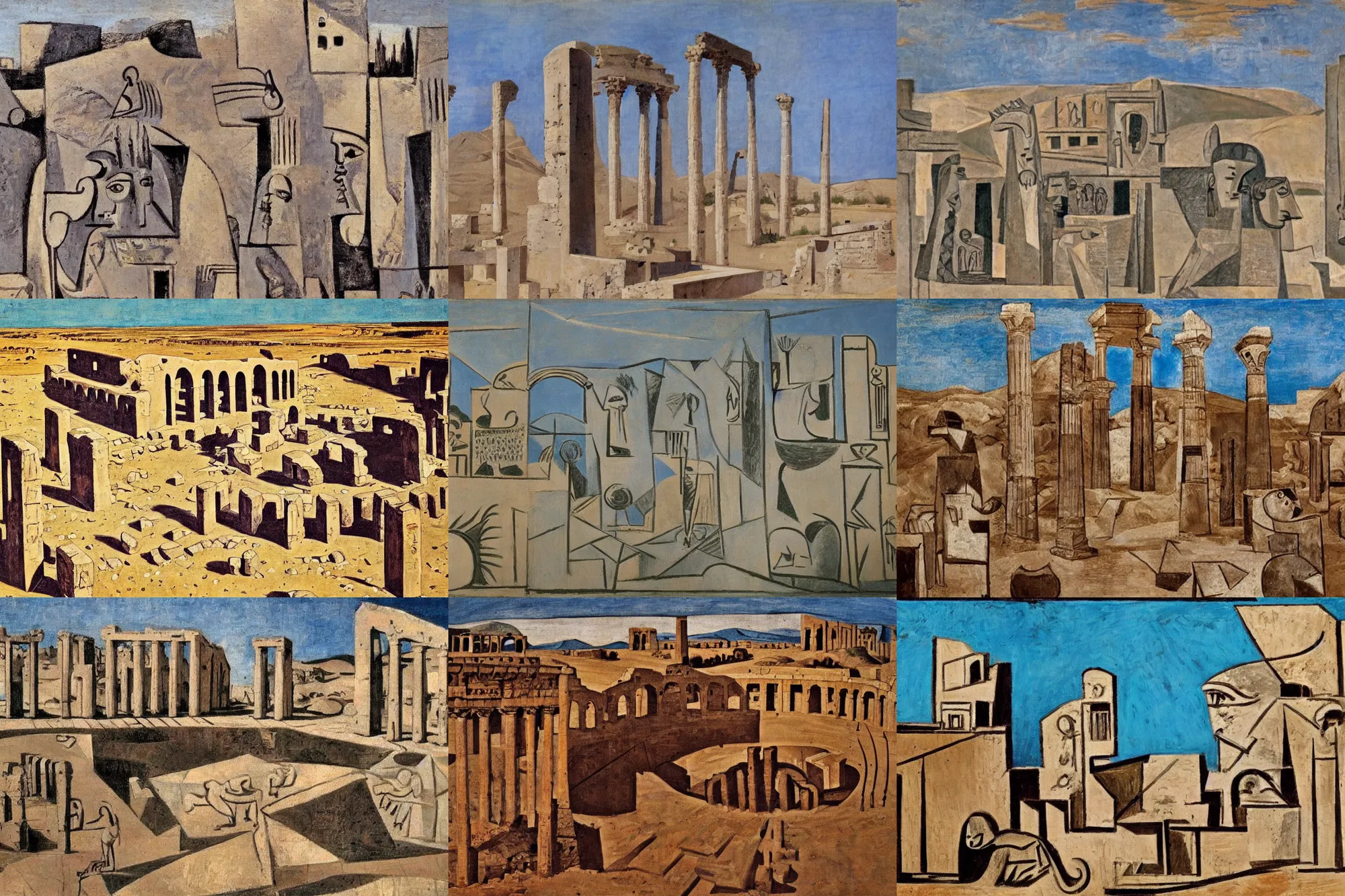 Prompt: an ancient roman ruin was built in the desert., artwork by picasso.