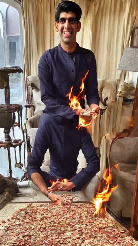 Image similar to rishi sunak burning money in his lavish house