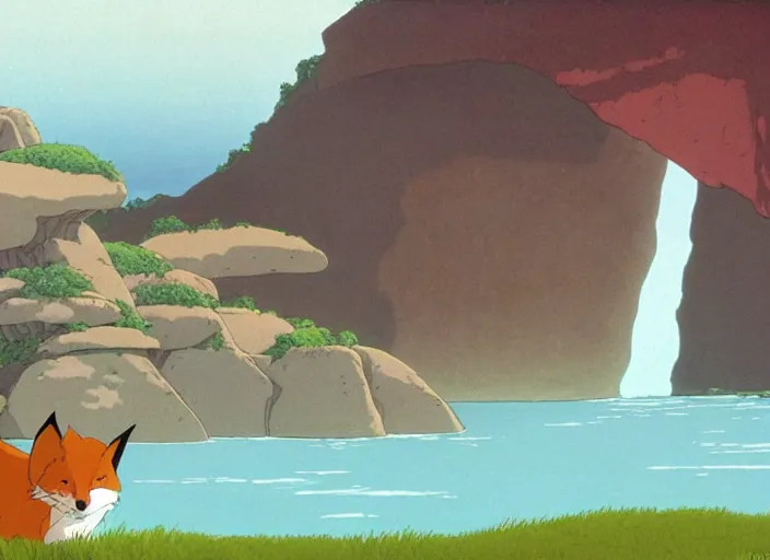 Image similar to bathed in sun, pleasing appealing smooth flat rocky environment sunningrocks by the river's shore, forest clearing, still placid environment matte painting from studio ghibli and the fox and the hound ( 1 9 8 1 )