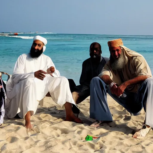 Image similar to osama bin ladan hanging out with george w bush jr hitting the bong on a beautiful sunny day on the beach in the middle of mexico