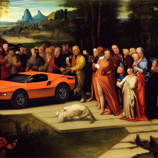 Image similar to a renaissance picture of the unveiling of a delorian car to a crowd of amazed scholars