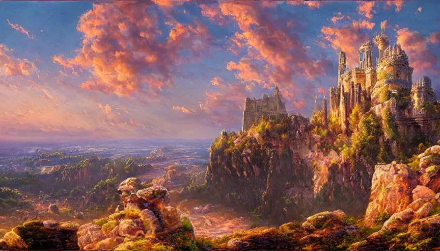 Image similar to Gorgeous monumental castle on a cliff\'s edge, fractal structure with spires and towers, sunset with ribbon clouds, detailed oil painting, hyperrealistic