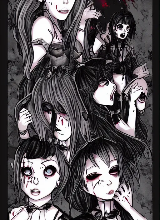 Prompt: a dark picture comic featuring blood horror and goth anime girls, anime vampires, evil horror vibes