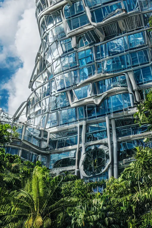 Prompt: a futuristic exterior photo of a steampunk science building made of huge glass panes and futuristic architecture built in the middle of a lush tropical rainforest, realistic afternoon lighting, shot with a canon 20mm lens