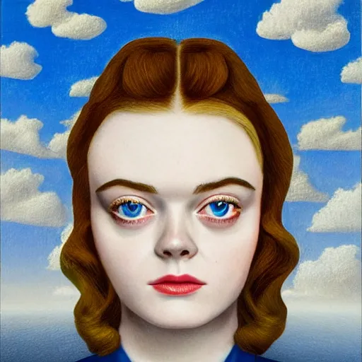 Image similar to professional painting of Elle Fanning in the style of Rene Magritte, head and shoulders portrait, symmetrical facial features, smooth, sharp focus, illustration, intricate, stormy weather, extremely detailed masterpiece,